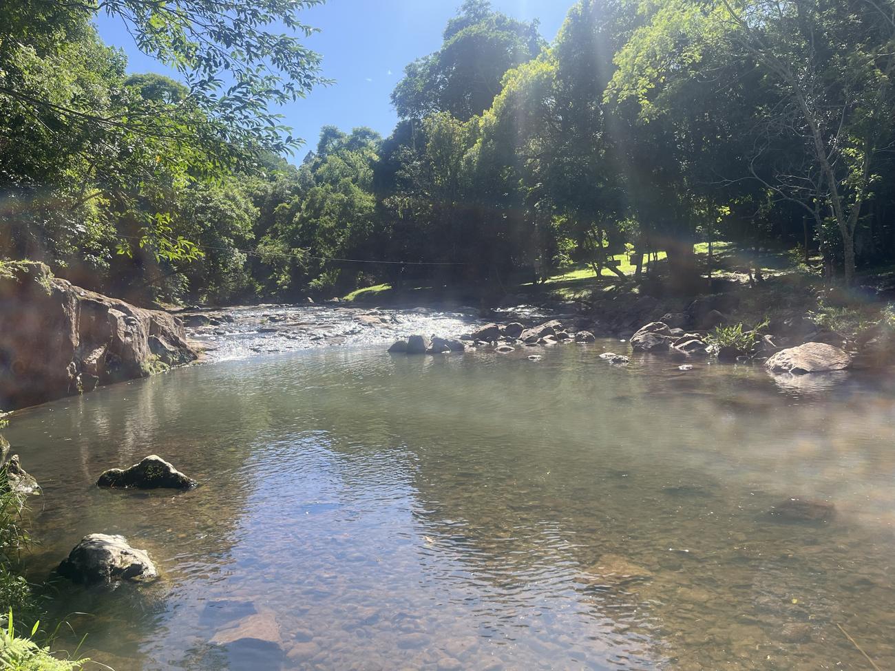 Poço de água cristalina com sol entre as árvores